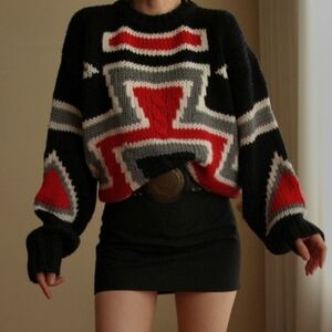 Vintage Hand Knit Sears Abstract Pattern Unisex Oversized Retro Ski Sweater